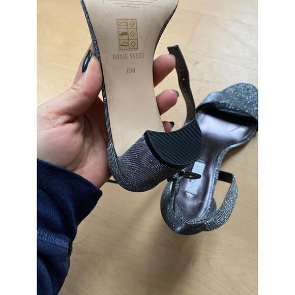 NINE West "Pruce" silver glitter block heel ankle strap Women NEW sandal - Picture 4 of 9